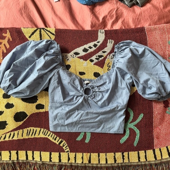 Abercrombie&Fitch Cotton Blend Puff Sleeve Keyhole Cropped Blouse Blue Small - Picture 2 of 4